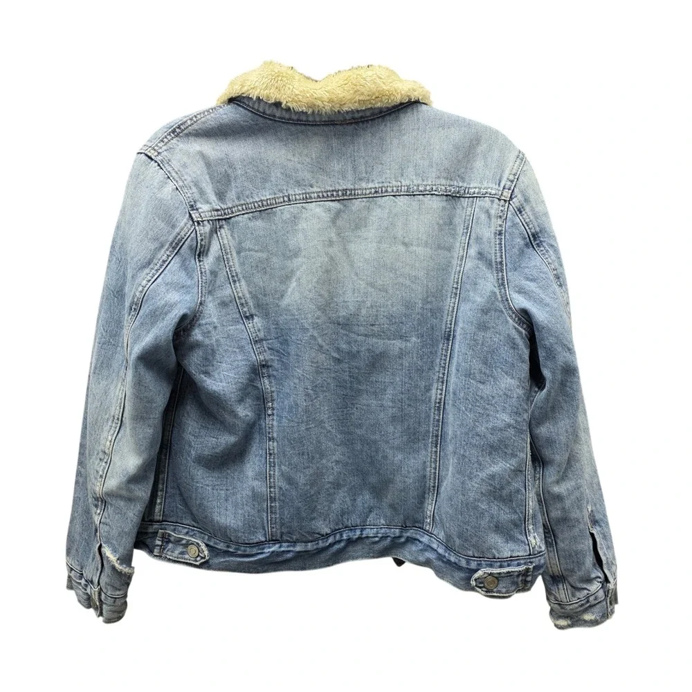 Lucky Brand Mens Sherpa Lined Denim Trucker Jacket Light Wash Distressed Medium